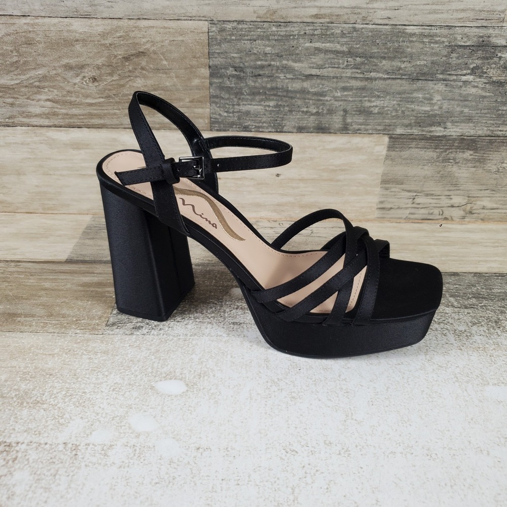 Nina Sarina Womens Platform Sandals Sz 7 M Black Satin Ankle Strap Block Heel